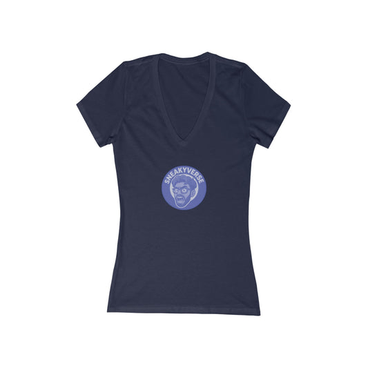 Ladies Deep V-neck T-Shirt SneakyVerse Shout logo front Blue