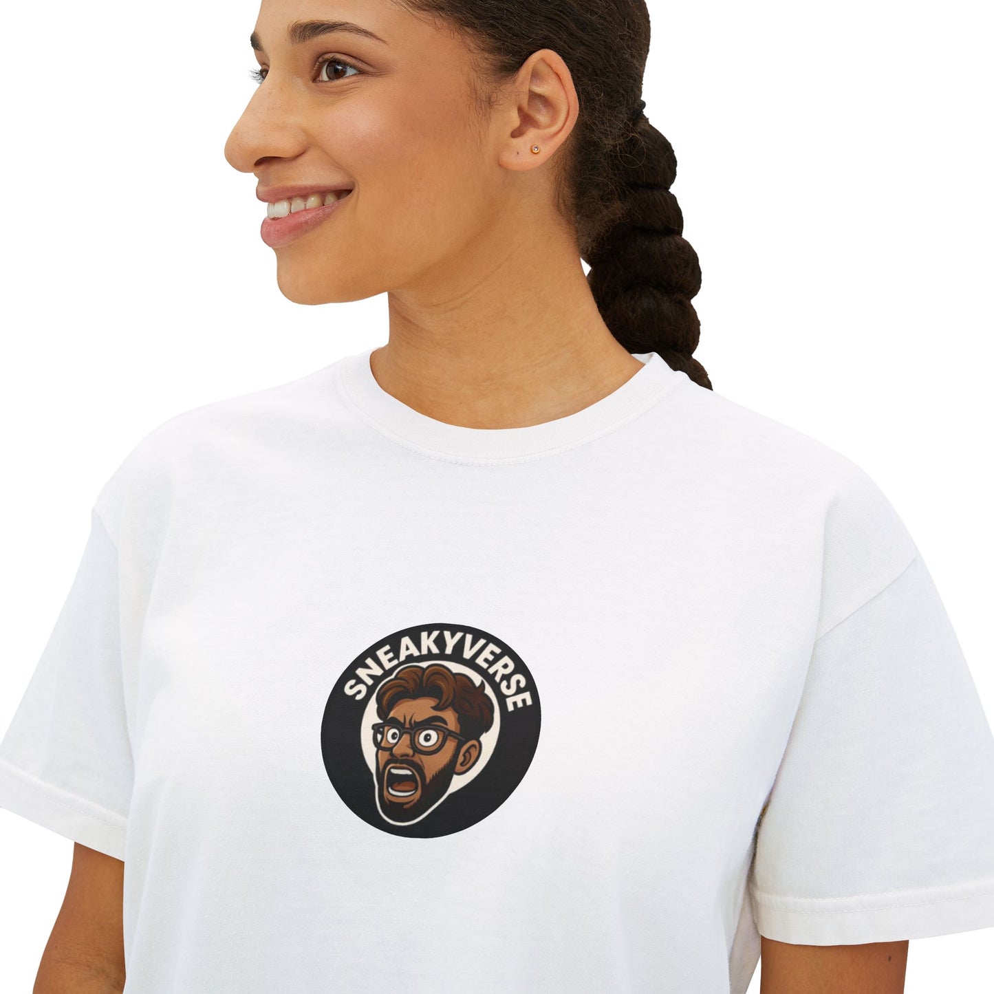 Women’s Boxy Tee SneakyVerse Shout Logo front (8 colors)