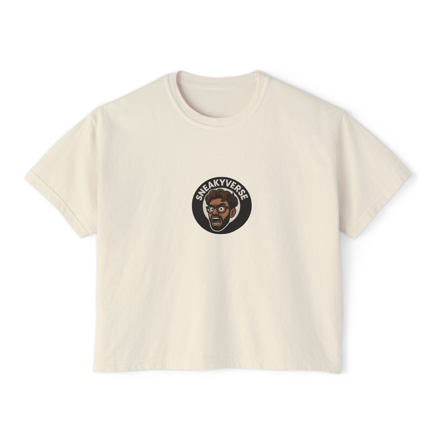 Women’s Boxy Tee SneakyVerse Shout Logo front (8 colors)