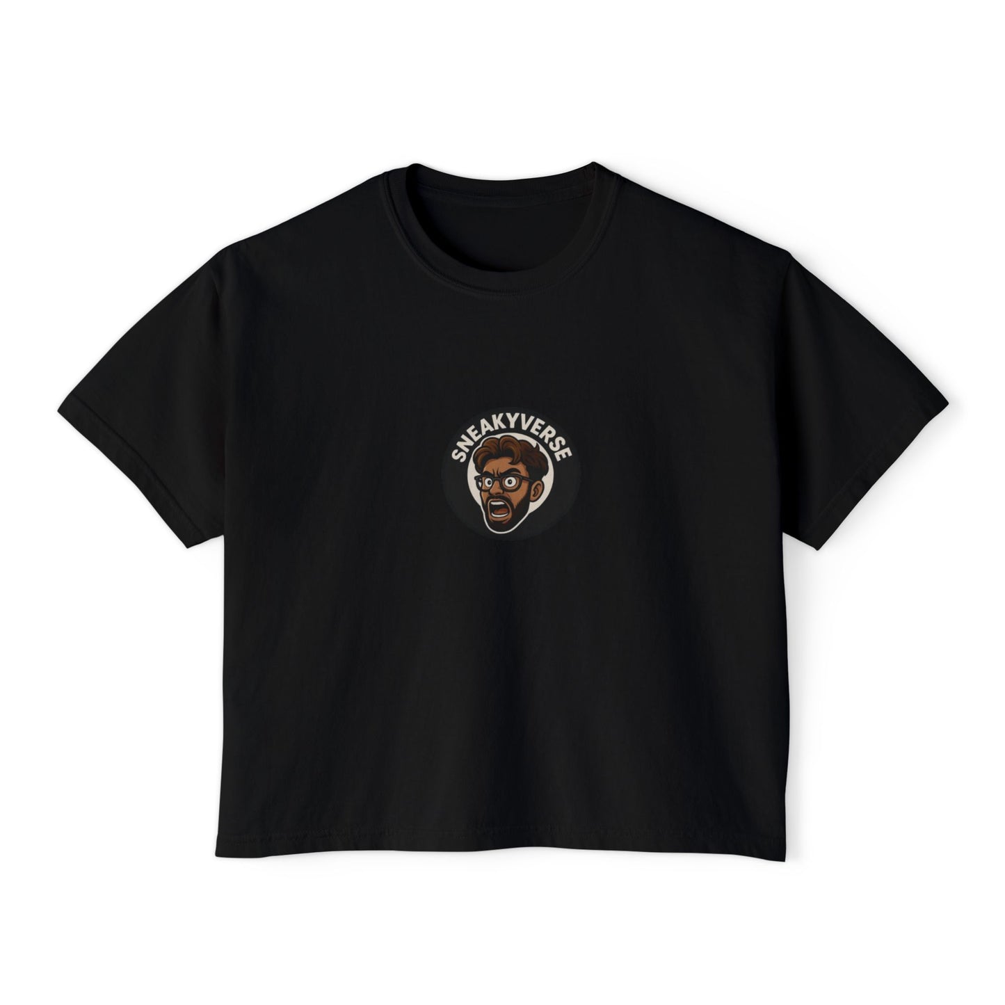 Women’s Boxy Tee SneakyVerse Shout Logo front (8 colors)