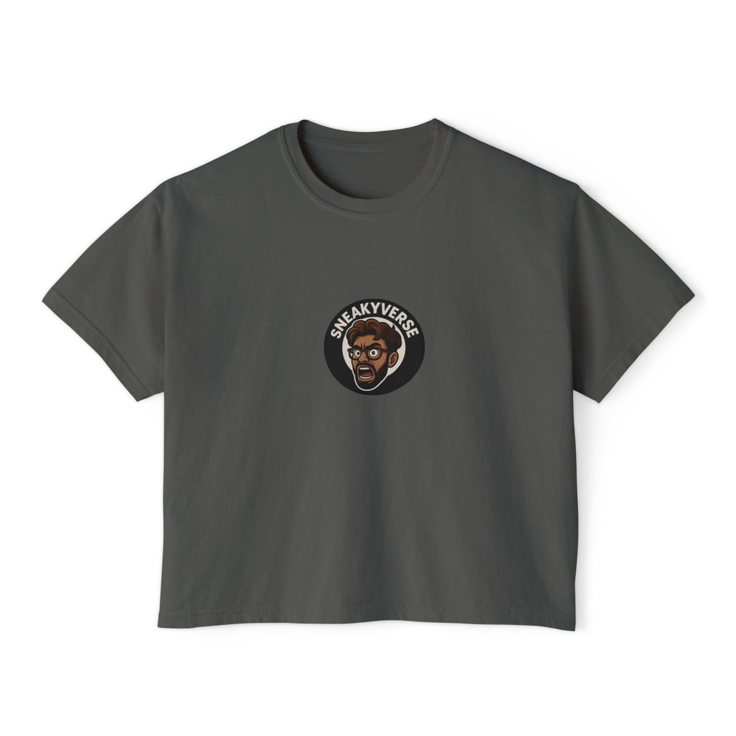 Women’s Boxy Tee SneakyVerse Shout Logo front (8 colors)