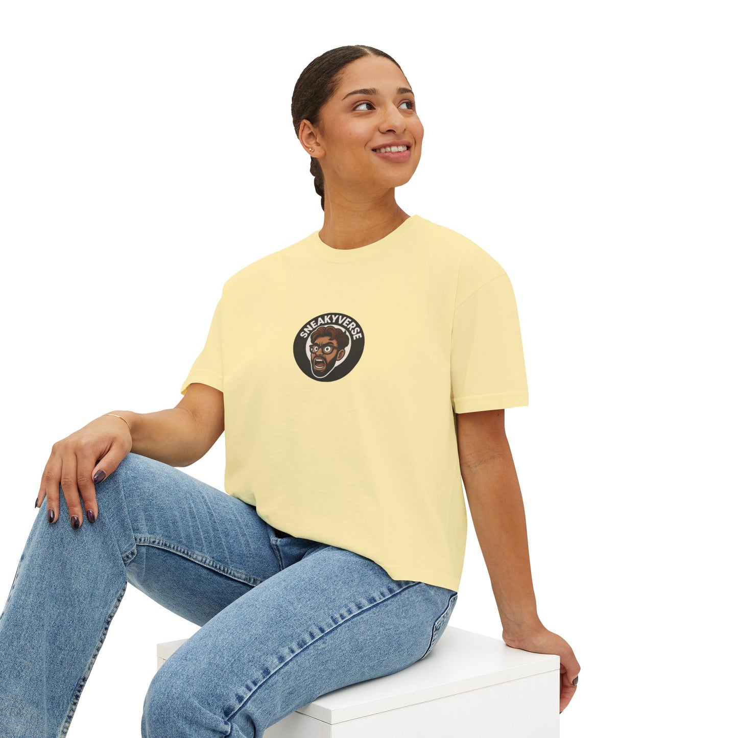 Women’s Boxy Tee SneakyVerse Shout Logo front (8 colors)