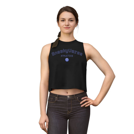 Women's Crop Tank SneakyVerse Athletics Shout logo front Black/Blue