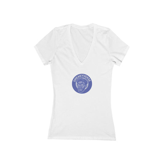 Ladies Deep V-neck T-Shirt  SneakyVerse Shout logo front Blue